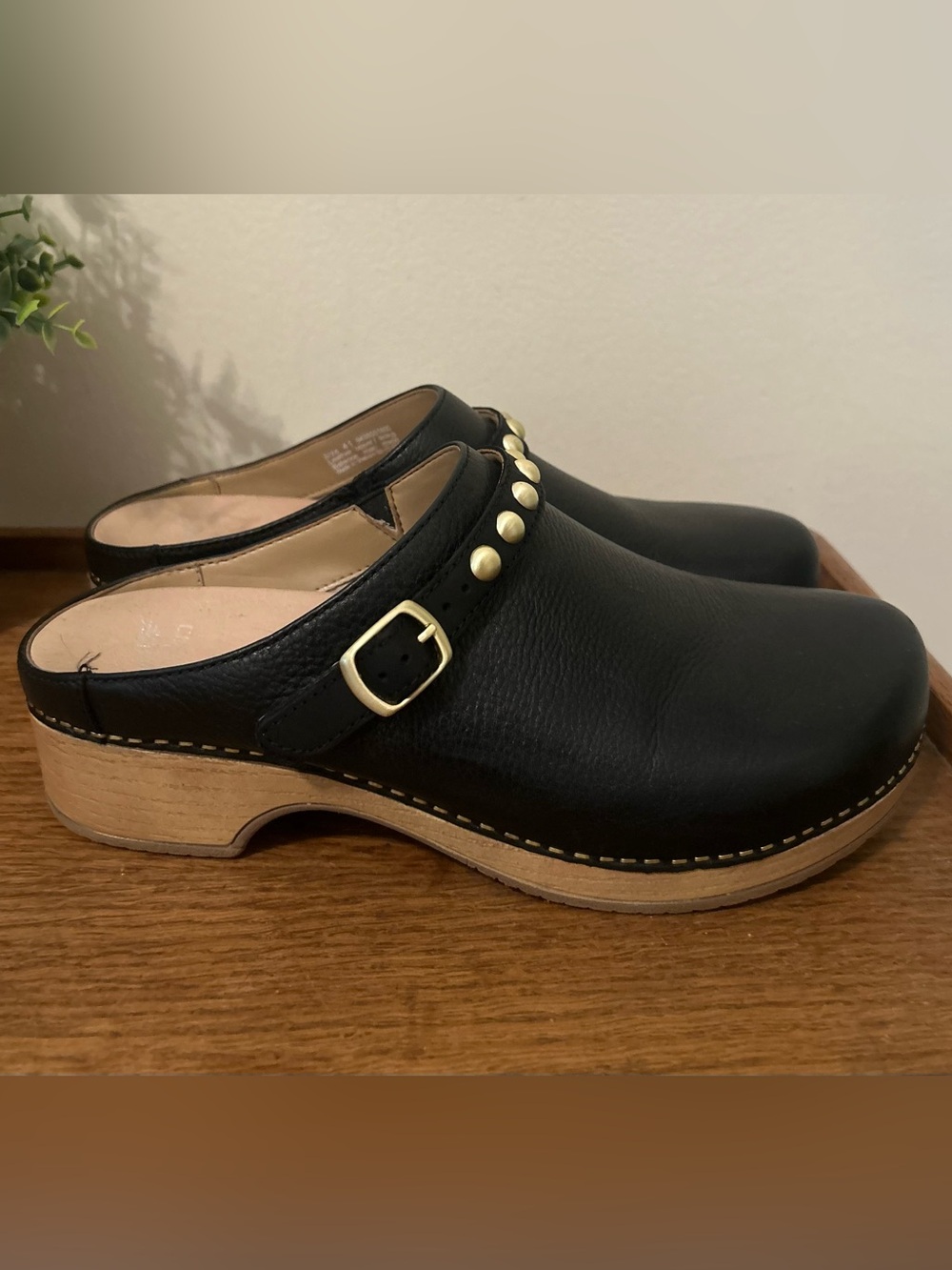 Dansko Women's Britton Black Tumbled Leather - Gold Studded Clogs Size 41 US 10